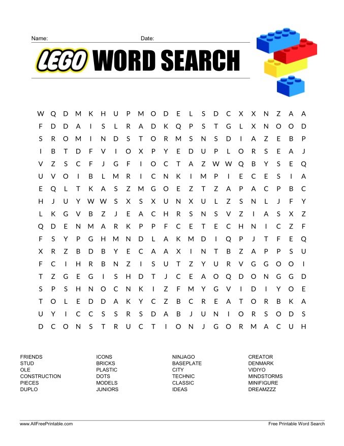 Free Printable Lego Word Search Puzzle