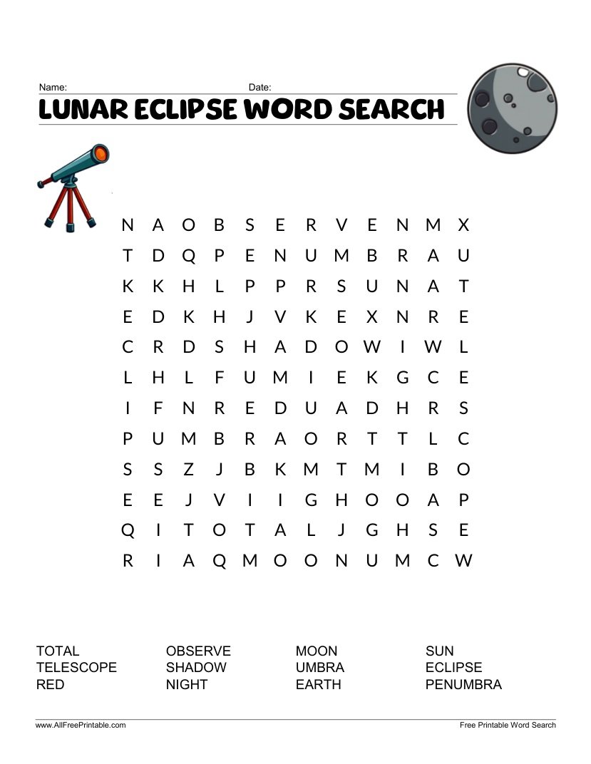 Free Printable Lunar Eclipse Word Search PDF for Kids