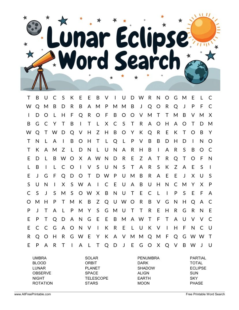 Free Printable Lunar Eclipse Word Search PDF