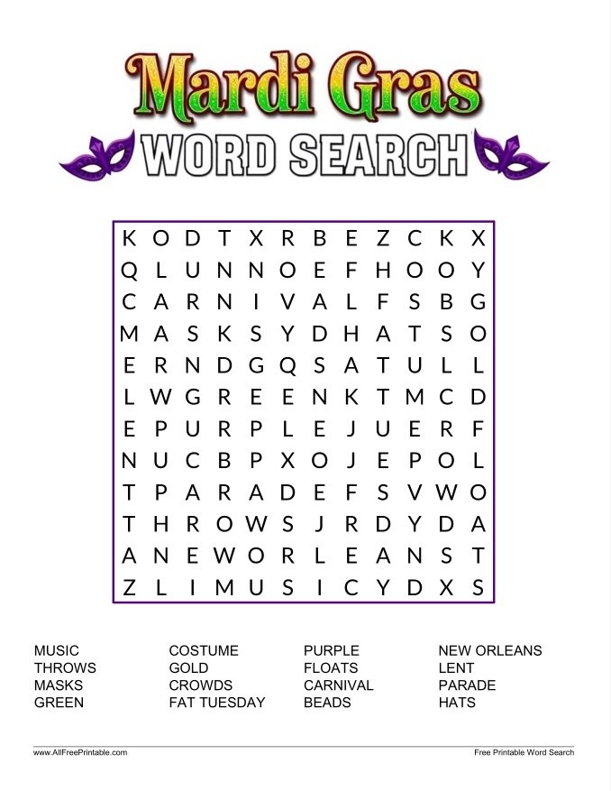 Free Printable Mardi Gras Word Search for Kids