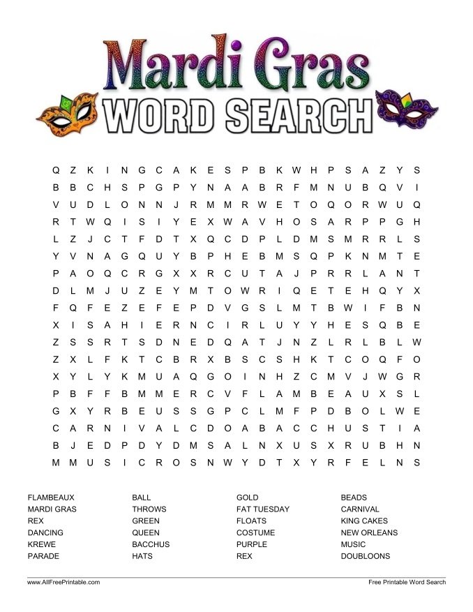 Free Printable Mardi Gras Word Search Puzzle