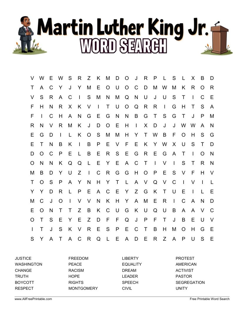 Free Printable Martin Luther King Jr. Word Search