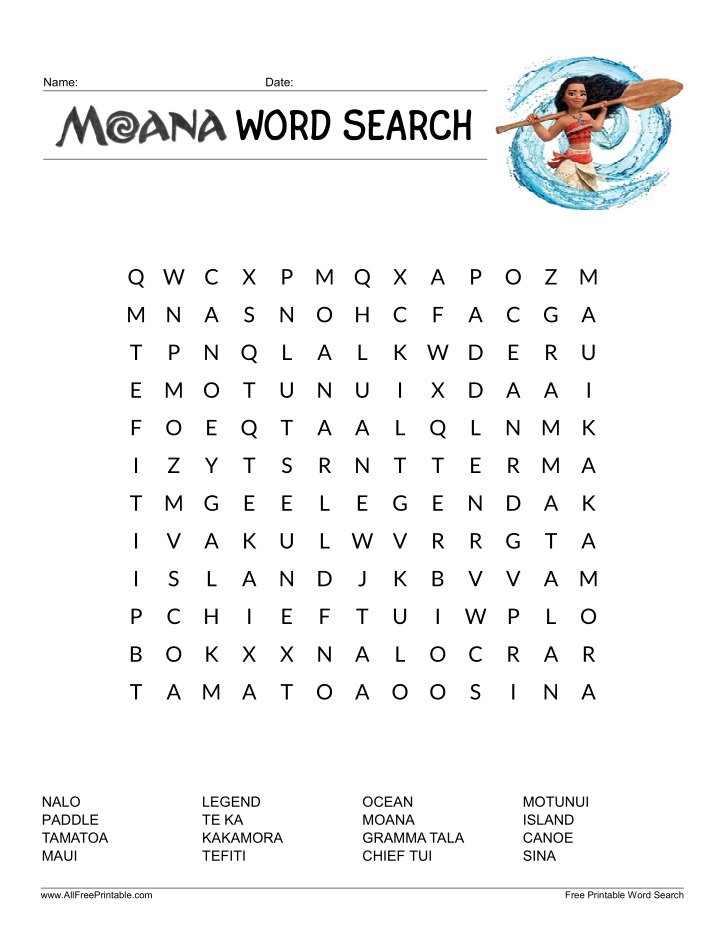 Free Printable Moana Word Search