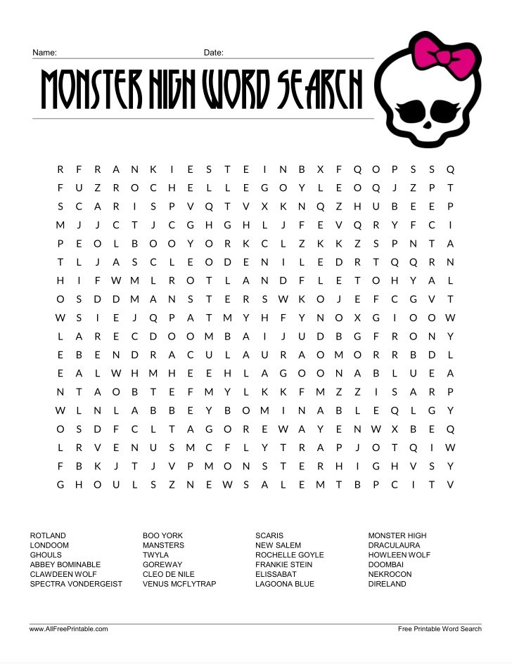 Free Printable Monster High Word Search