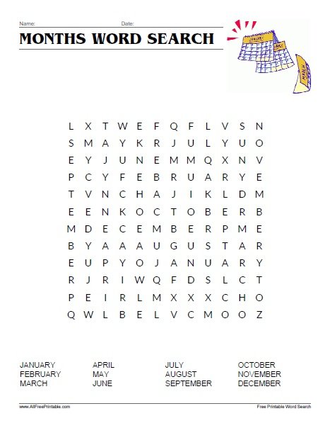 Free Printable Months of the Year Word Search