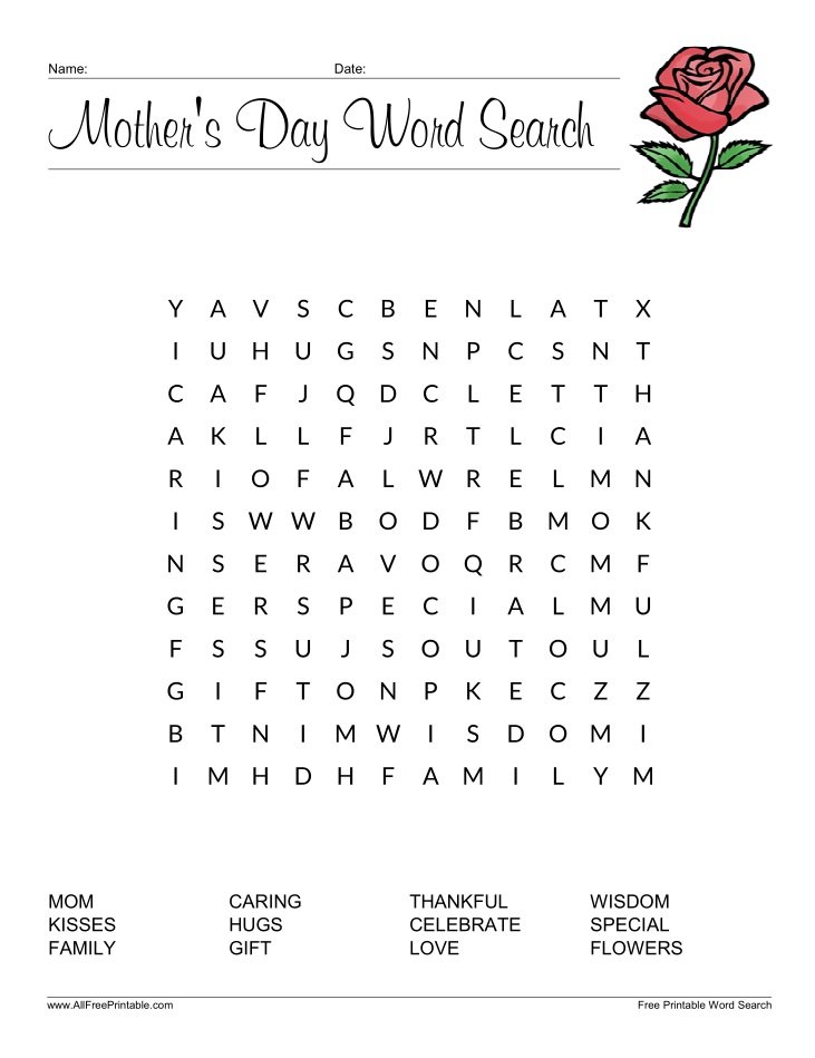 Free Printable Mother's Day Word Search for Kids