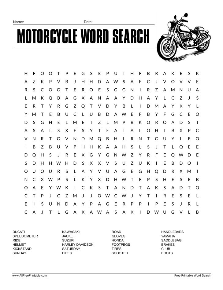 Free Printable Motorcycle Word Search