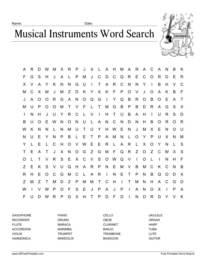 Free Printable Musical Instruments Word Search