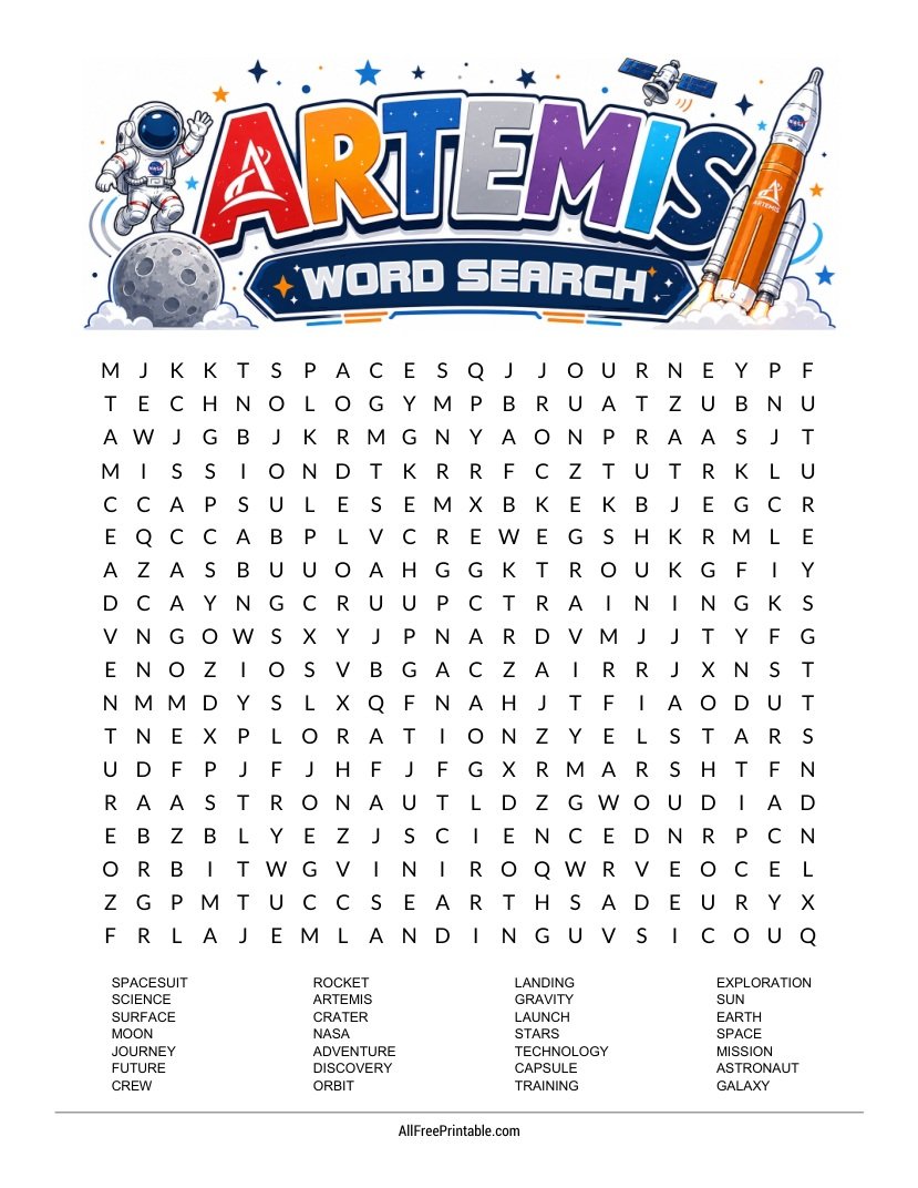 Free Printable NASA Artemis Word Search PDF
