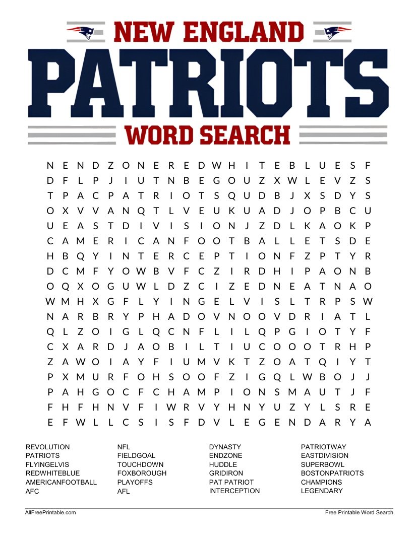 Free Printable New England Patriots Word Search