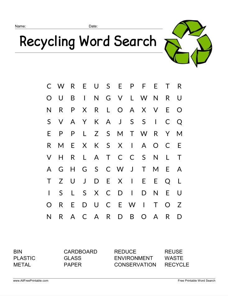 Free Printable Recycling Word Search for Kids