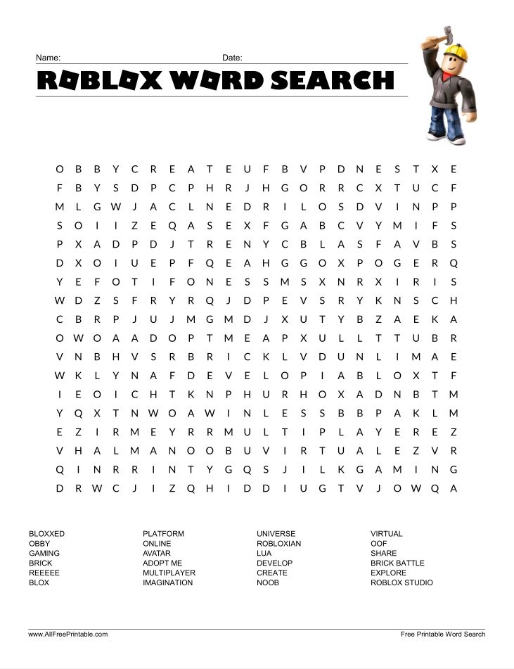 Free Printable Roblox Word Search