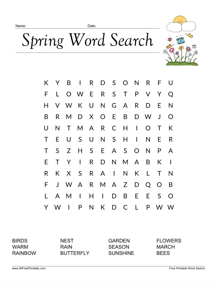 Free Printable Spring Word Search for Kids