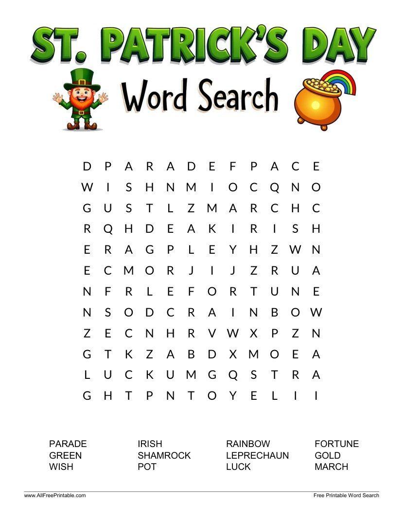 Free Printable St. Patrick’s Day Word Search for Kids PDF