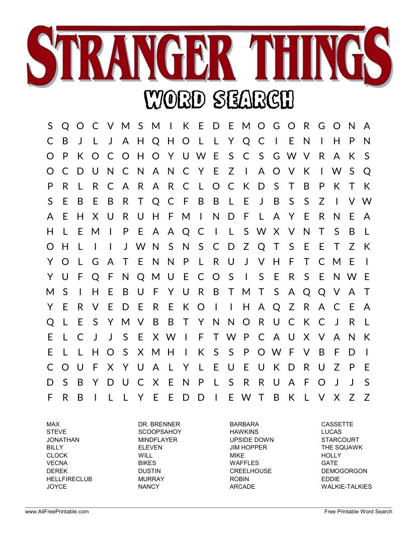 Free Printable Stranger Things Word Search Puzzle PDF