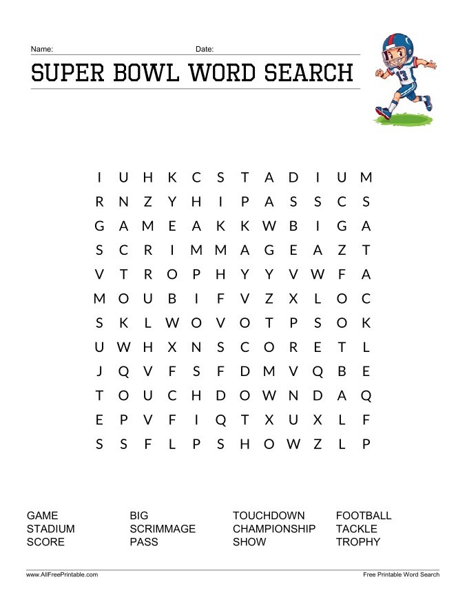 Free Printable Super Bowl Word Search for Kids