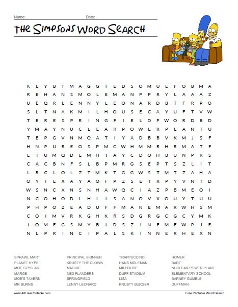 Free Printable The Simpsons Word Search