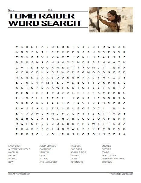 Free Printable Tomb Raider Word Search