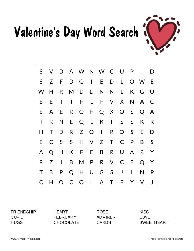 Free Printable Valentine's Day Word Search for Kids