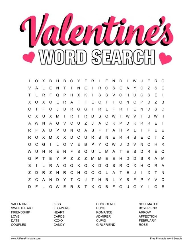 Free Printable Valentine’s Word Search