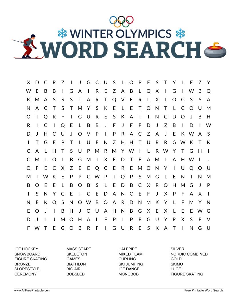 Free Printable Winter Olympics Word Search Puzzle