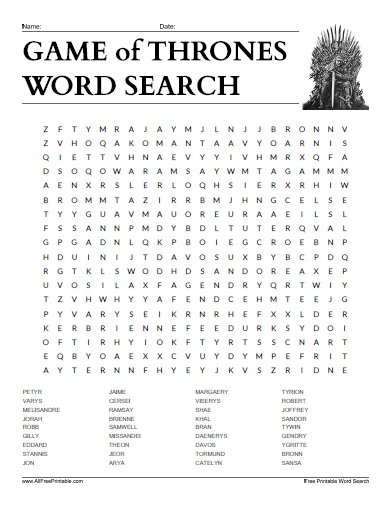 Free Printable Game of Thrones Characters Word Search