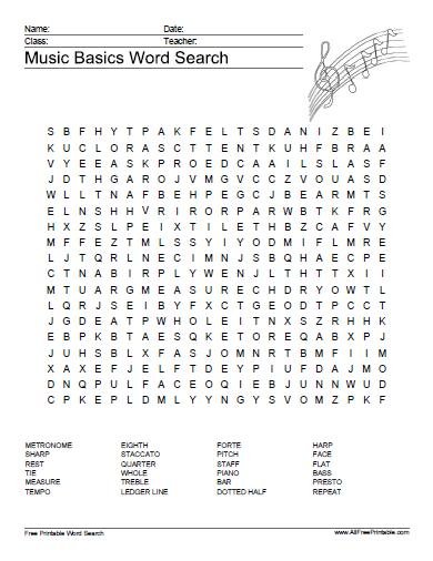 Free Printable Music Word Search Puzzle