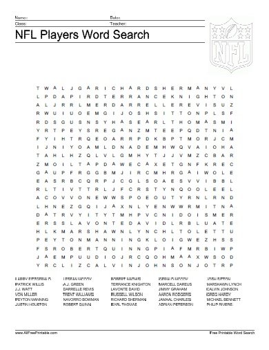 Free Printable NFL Players Word Search