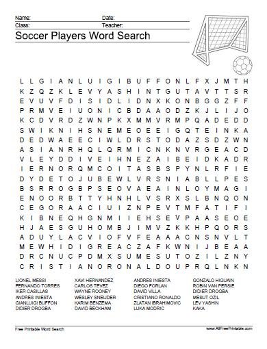 Soccer Players Word Search Puzzle – Free Printable