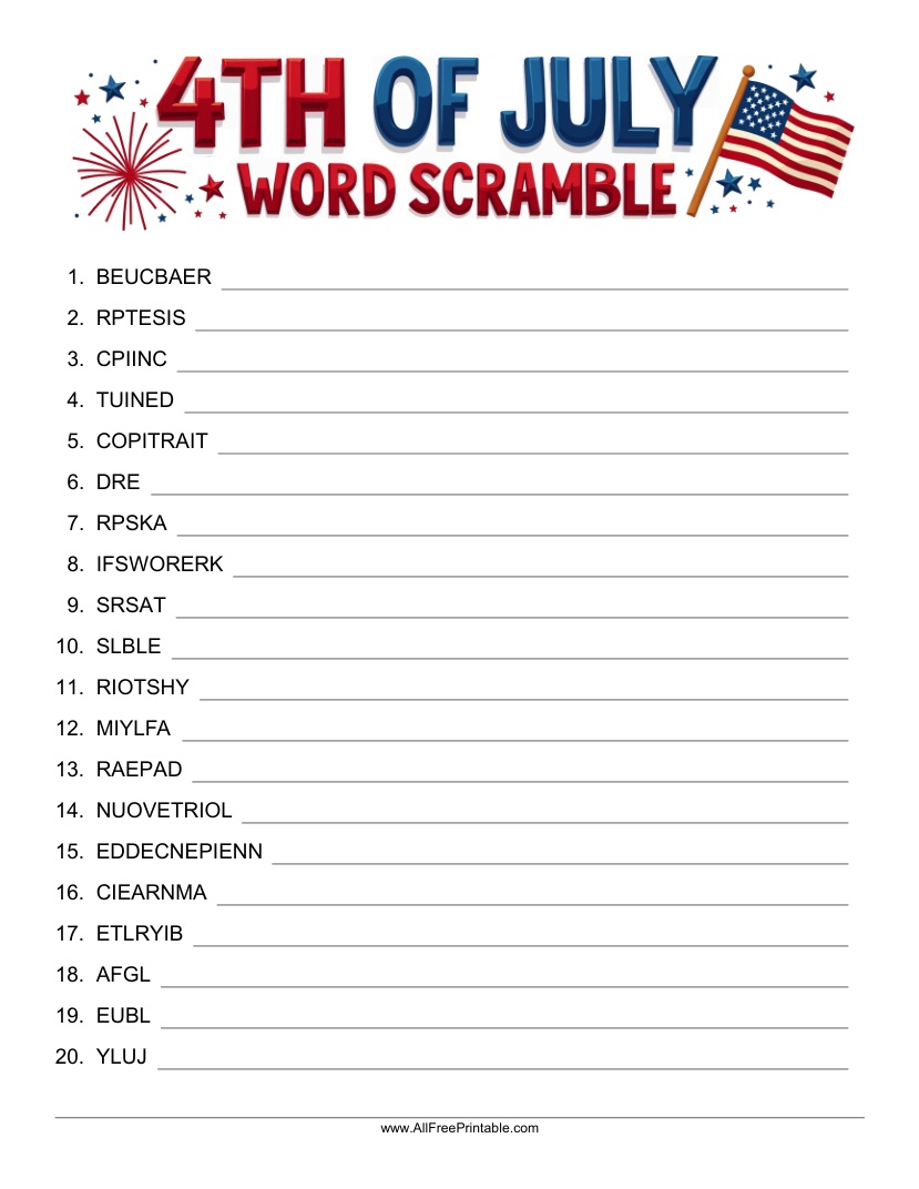 Free Printable 4th of July Word Scramble PDF