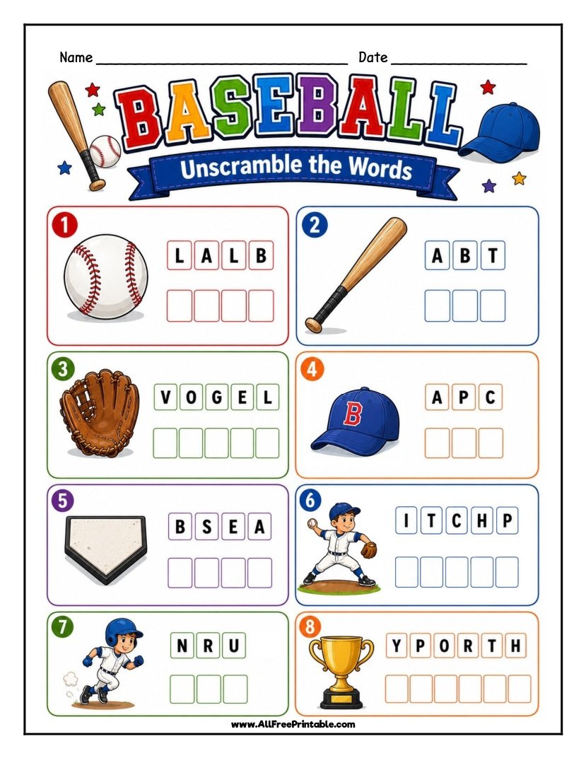 Free Printable Baseball Word Scramble Worksheet for Kids