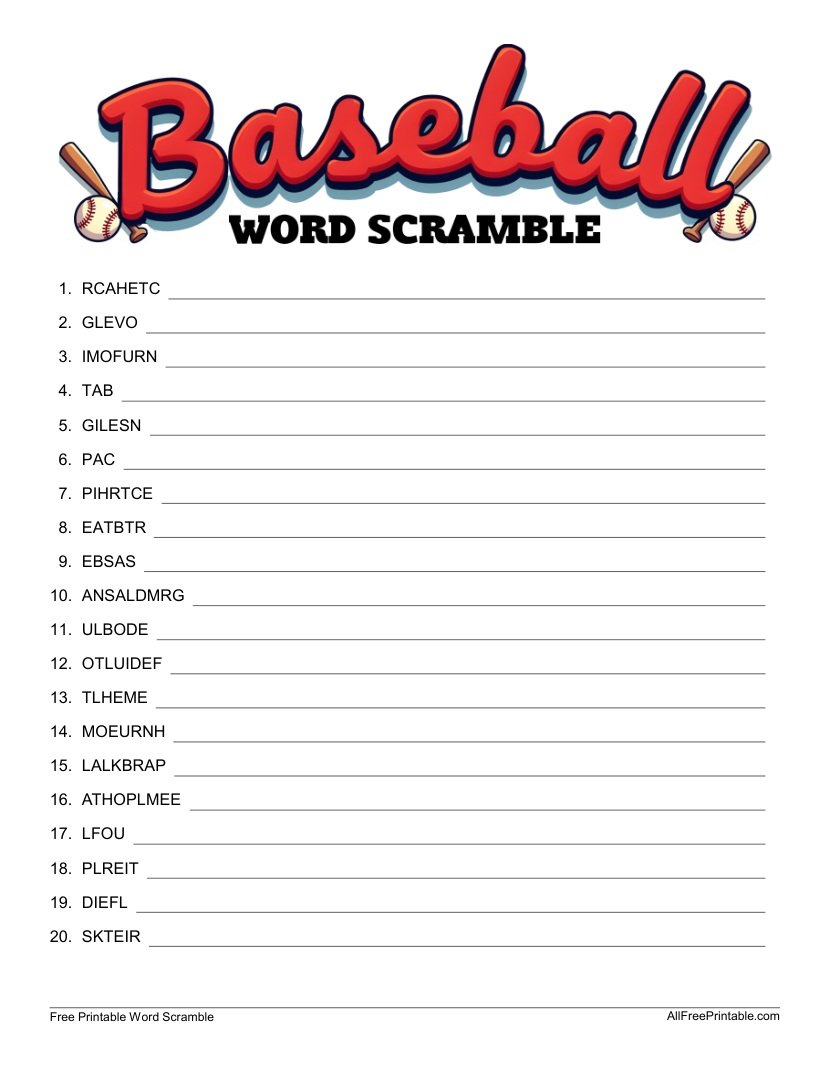 Free Printable Baseball Word Scramble