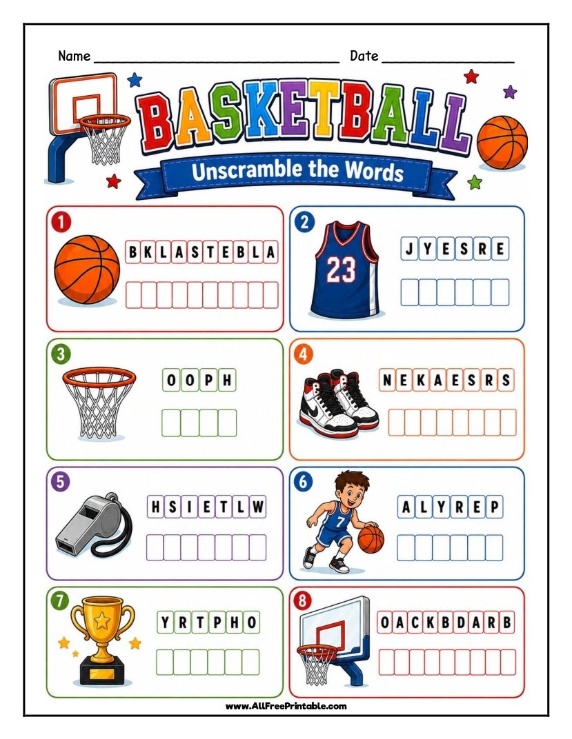 Free Printable Basketball Word Scramble Worksheet for Kids PDF