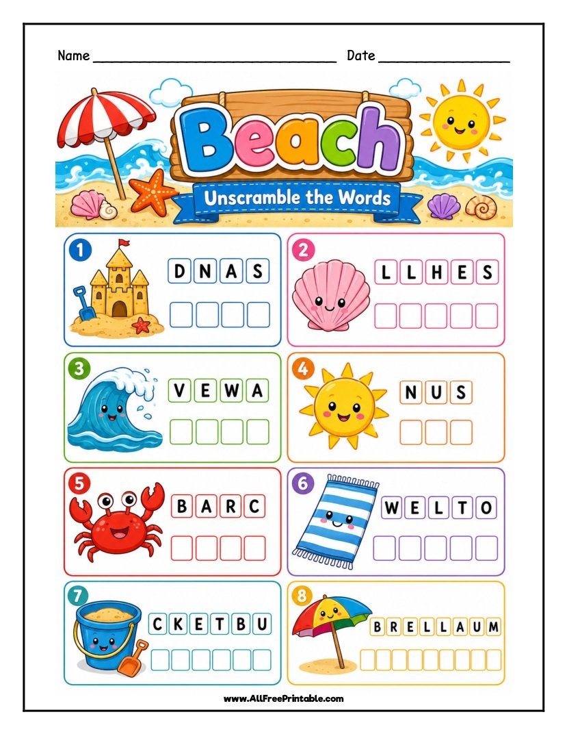Free Printable Beach Word Scramble Worksheet for Kids PDF