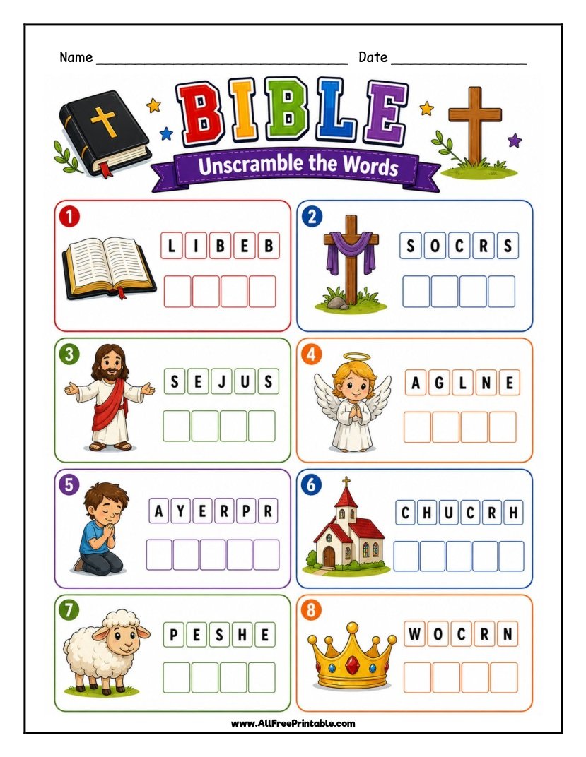 Free Printable Bible Word Scramble Worksheet for Kids PDF