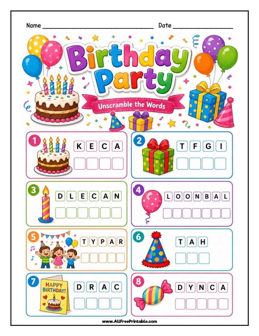 Free Printable Birthday Party Word Scramble Worksheet for Kids PDF