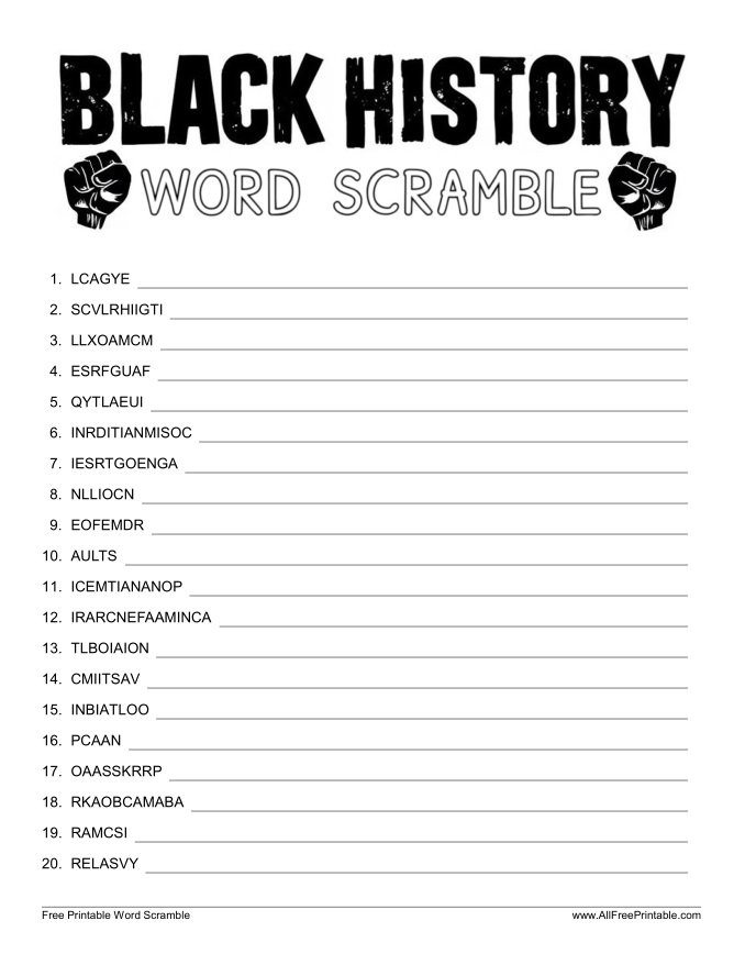 Free Printable Black History Word Scramble