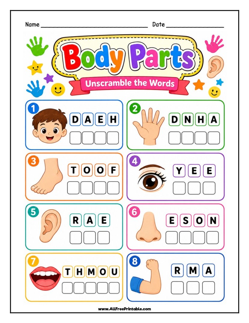Free Printable Body Parts Word Scramble Worksheet for Kids PDF