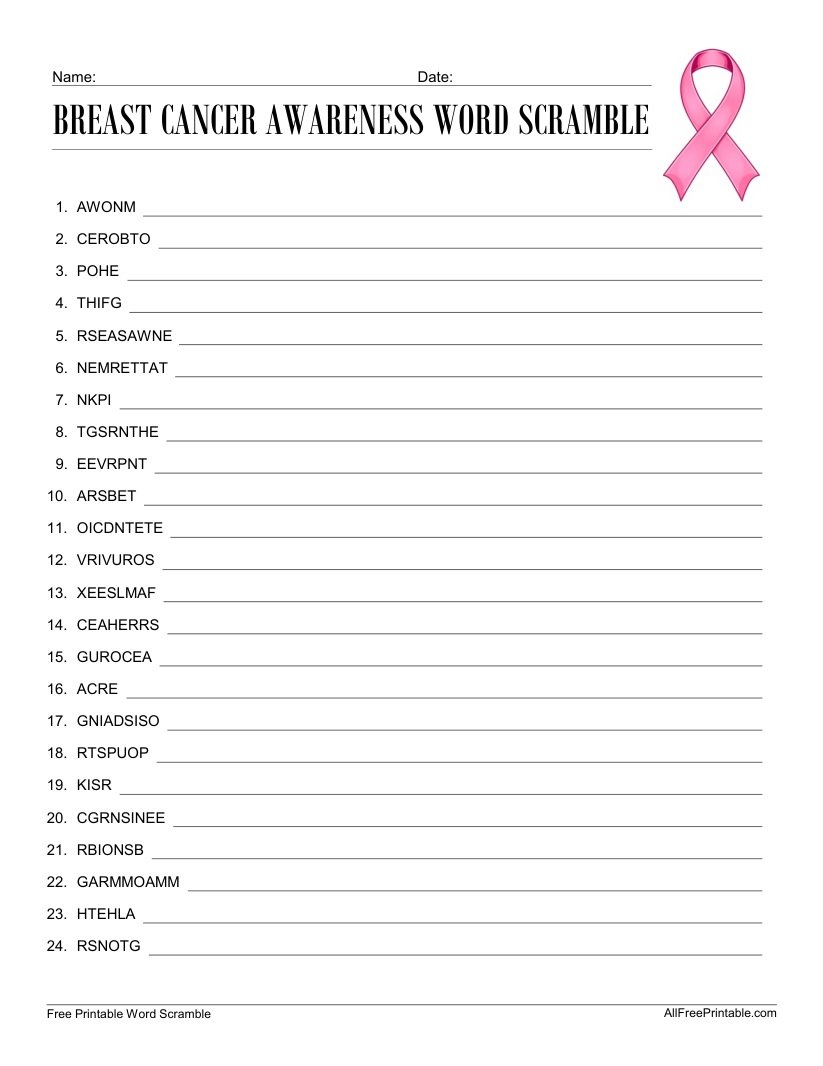 Free Printable Breast Cancer Awareness Word Scramble