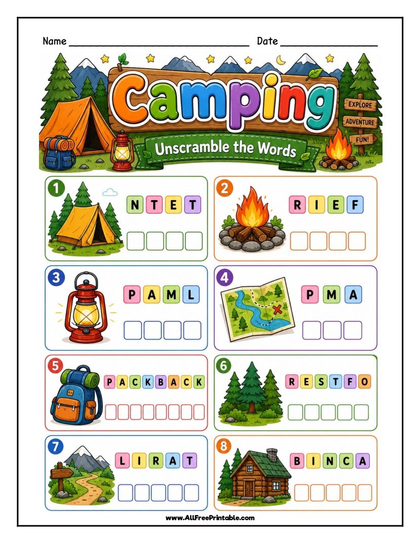Free Printable Camping Word Scramble Worksheet for Kids PDF