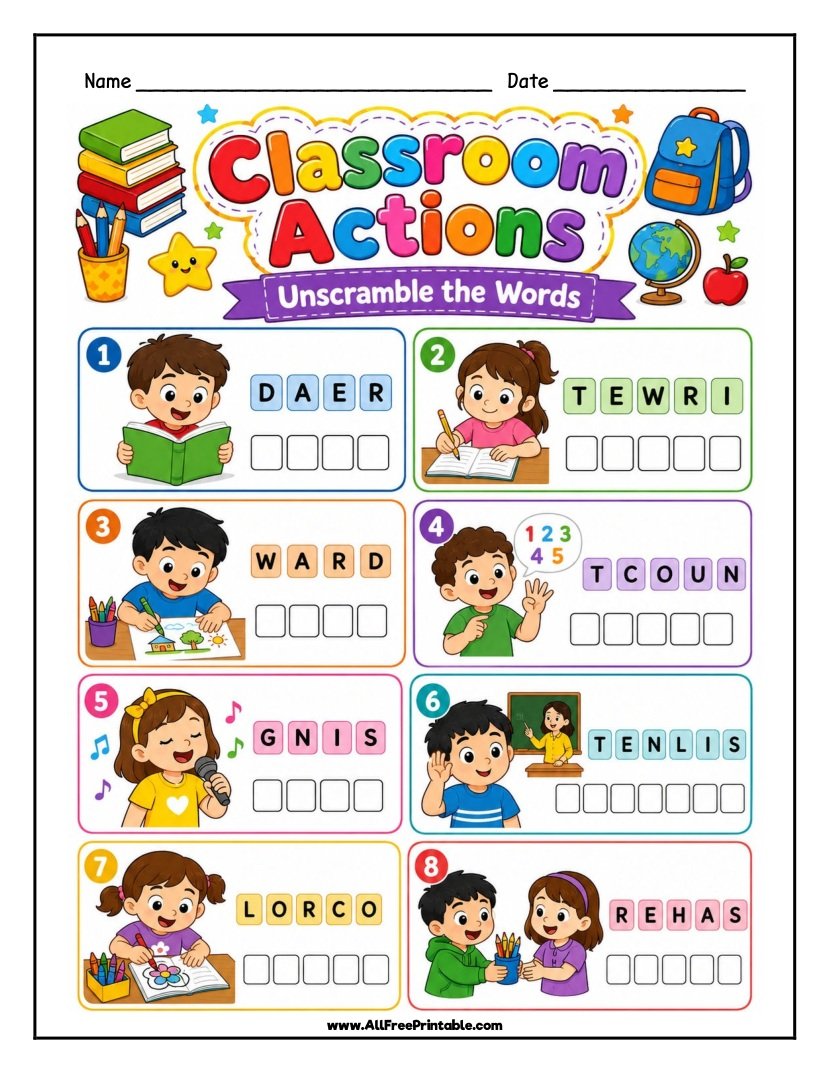 Free Printable Classroom Actions Word Scramble Worksheet for Kids PDF