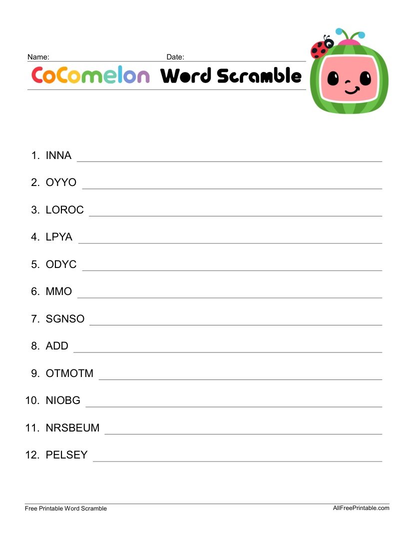 Free Printable CoComelon Word Scramble PDF