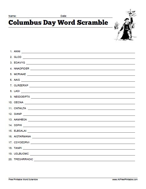 Free Printable Columbus Day Word Scramble