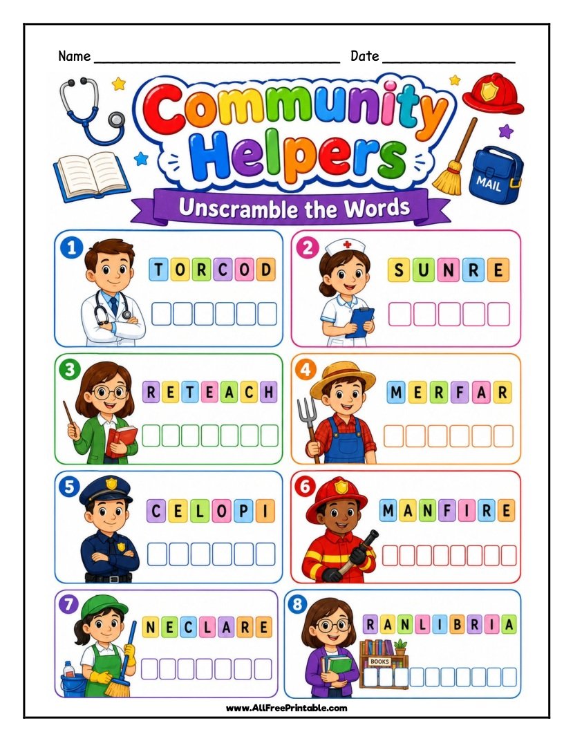 Free Printable Community Helpers Word Scramble Worksheet for Kids PDF