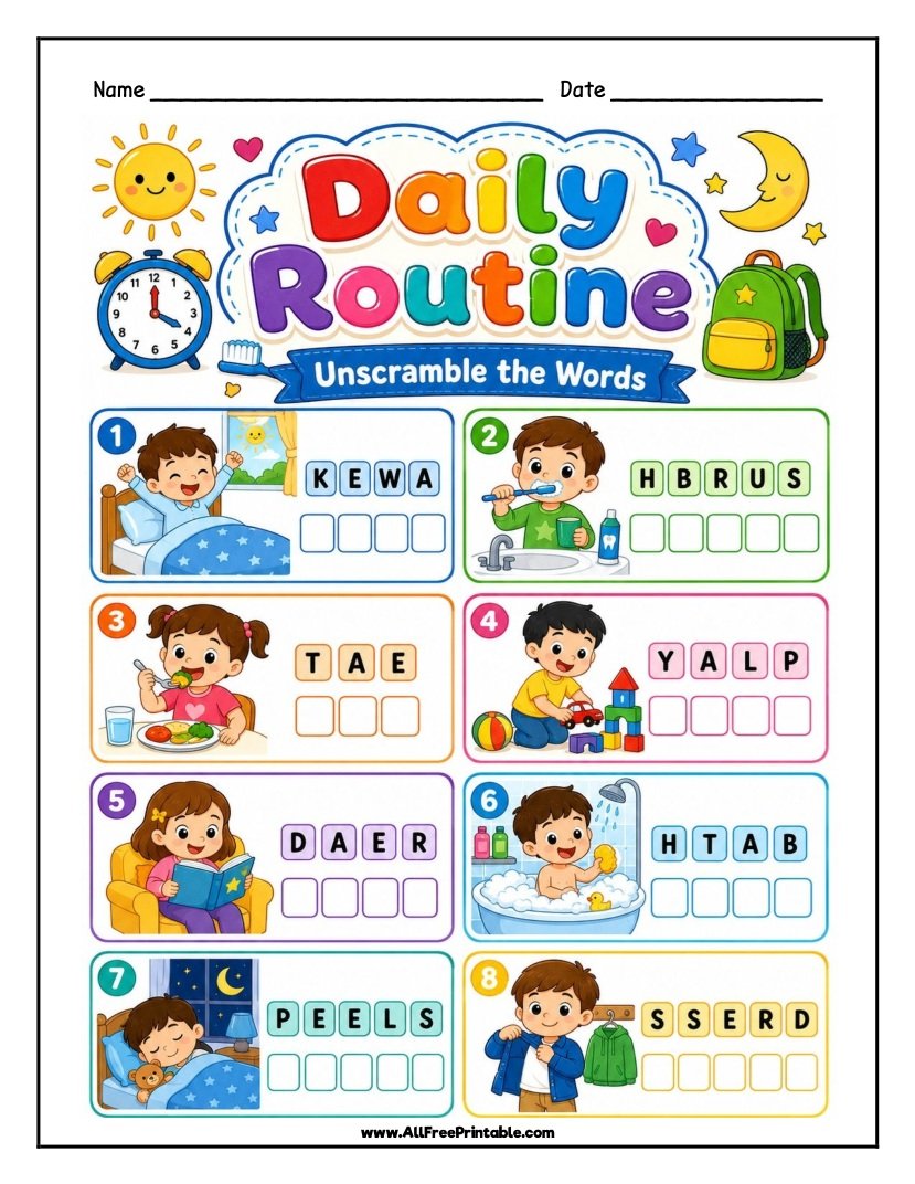 Free Printable Daily Routine Word Scramble Worksheet for Kids PDF