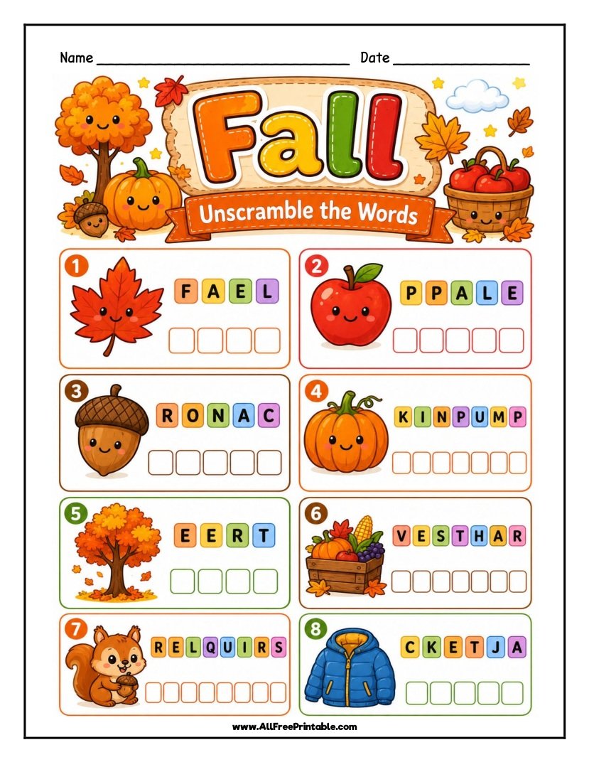 Free Printable Fall Word Scramble Worksheet for Kids PDF