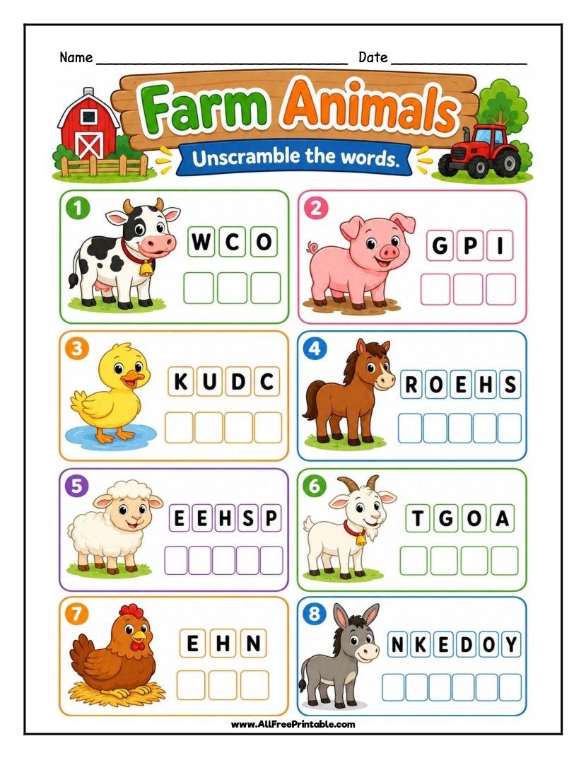 Free Printable Farm Animals Word Scramble Worksheet for Kids PDF