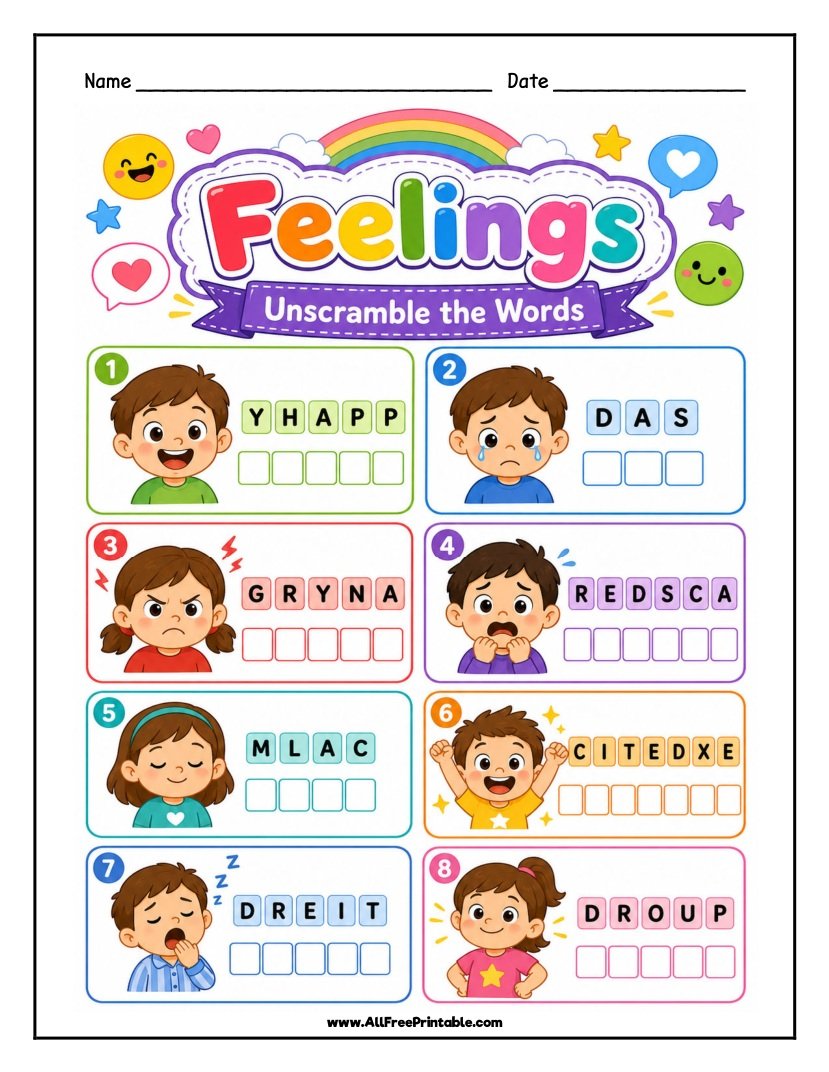 Free Printable Feelings Word Scramble Worksheet for Kids PDF