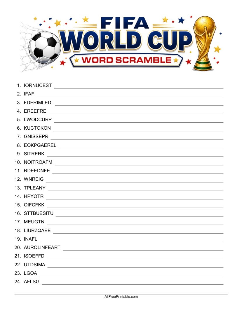 Free Printable FIFA World Cup Word Scramble PDF