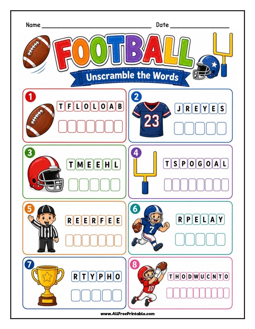 Free Printable Football Word Scramble Worksheet for Kids PDF